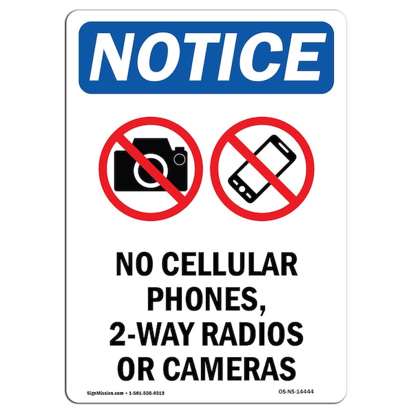 Safety Sign, OSHA Notice, 5" Height, No Cellular Phones Sign With Symbol, Portrait, 10PK